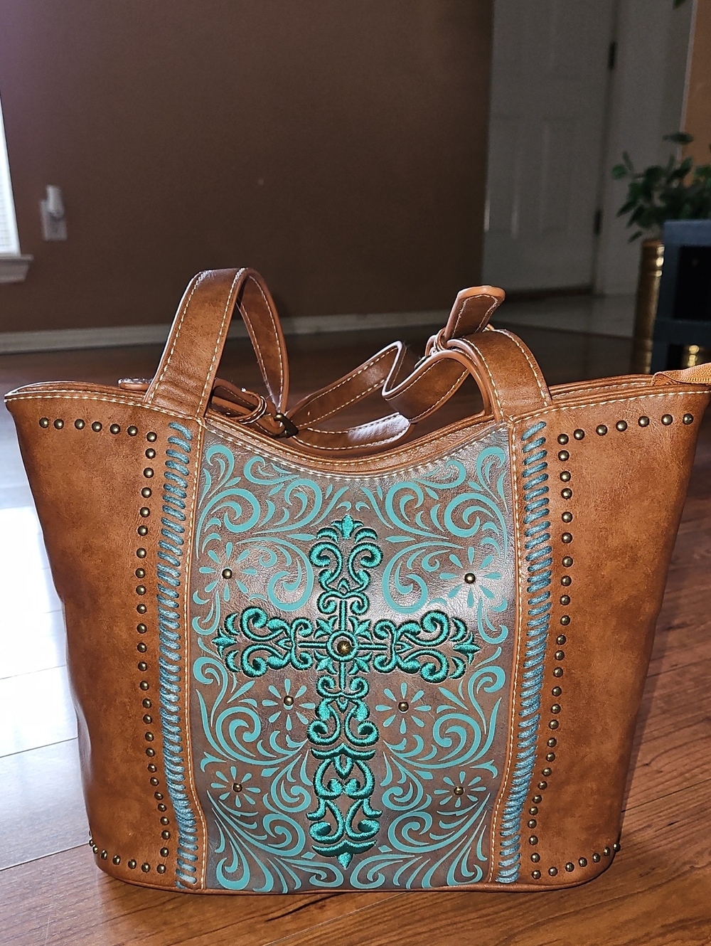Montana West Leather Tote Bag with Turquoise Cross Accent And Gun Carry